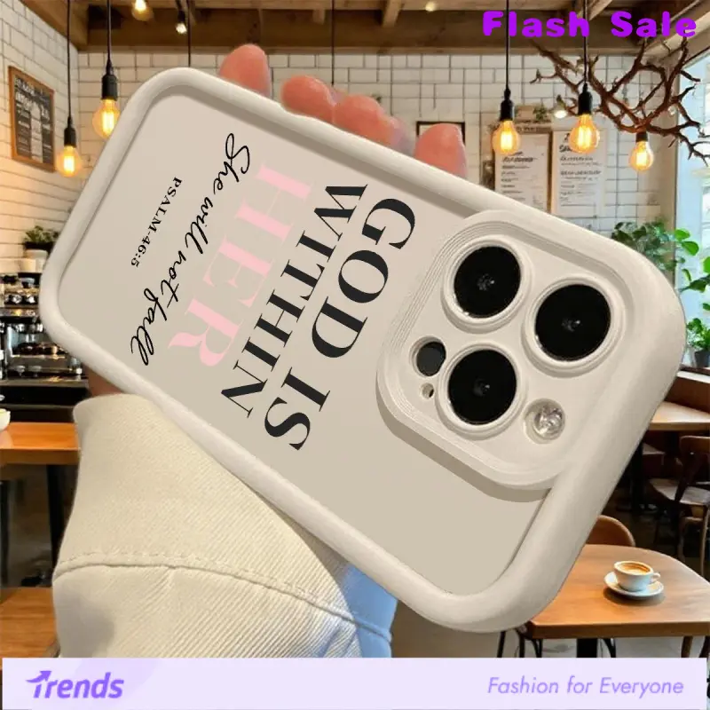 Preppy American Retro Street Casual-Style "God Is Within Her" Bible Verse Multi-Model Phone Case, Shockproof, Anti-Drop, Durable, Waterproof TPU Protection Cover for iPhone 17 16 15 14 Pro Max 13 12 11 Air XR XS Plus & Samsung S24 FE, Smartphone, Inspirat