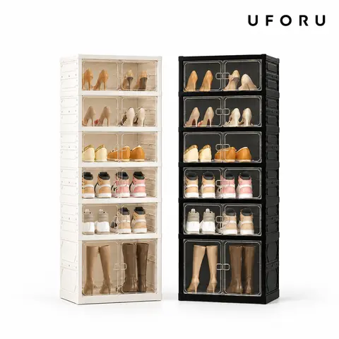 UFORU folding shoe rack, magnetic transparent door shoe cabinet, 6-layer storage for 12 pairs of shoes, simple design, large capacity, sturdy, stackable plastic shoe cabinet, space saving, no installation required