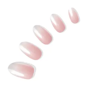 DASHING DIVA Rosewater Glaze Instant Press-Ons | Medium Almond - Pink and White Ombre with French Tips & Shimmery Chrome Finish