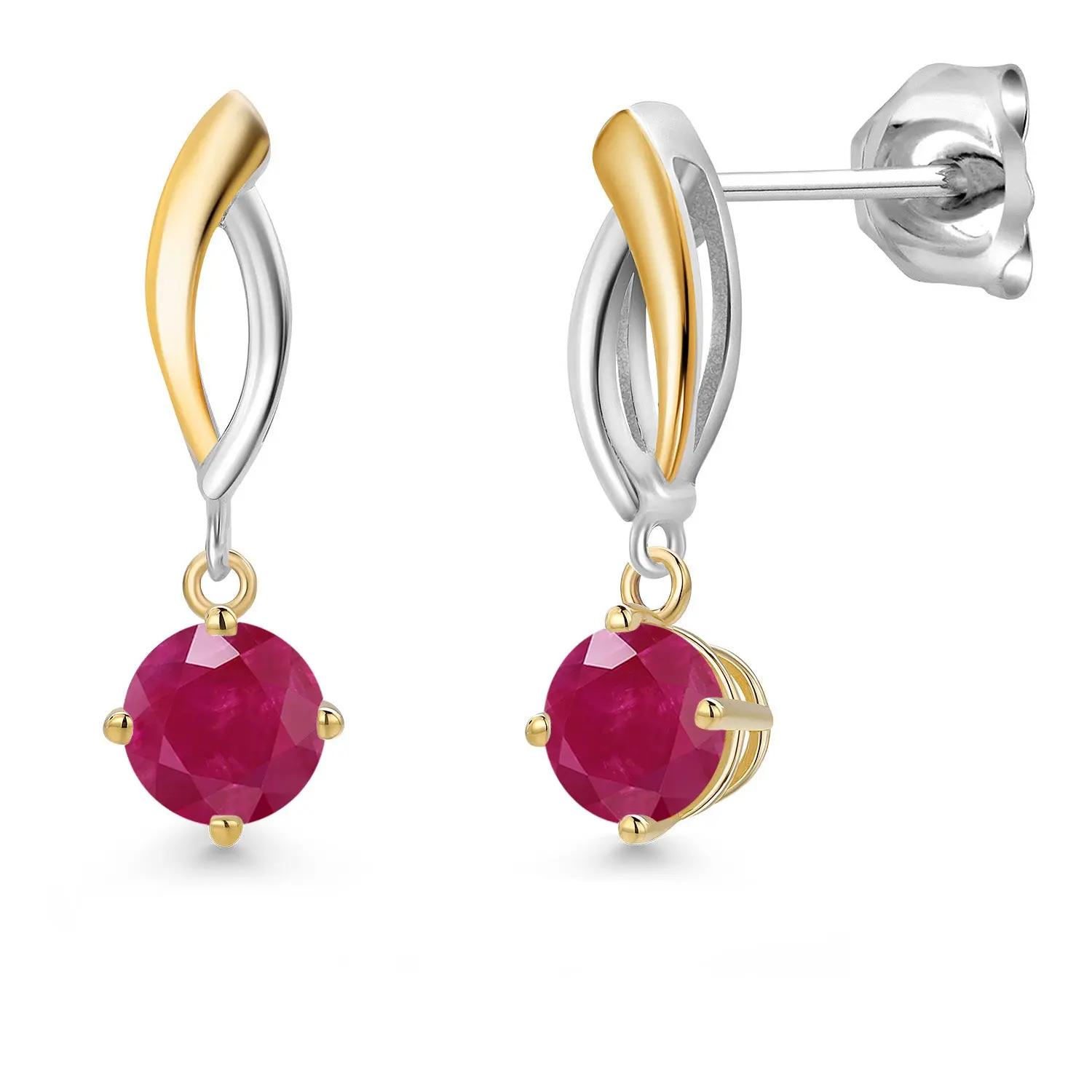925 Silver and 10K Yellow Gold Red Ruby Dangle Earrings for Women | 1.10 Cttw | Gemstone July Birthstone | Round 5MM