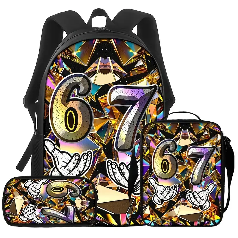 Kids' 3-Piece Metallic 6&7 Number Crystals Backpack Set - Geometric Art Gold School Bookbag, Lunch Bag & Pencil Case, Trendy Cartoon Hands Daypack, Back to School Zippered Gift Bag
