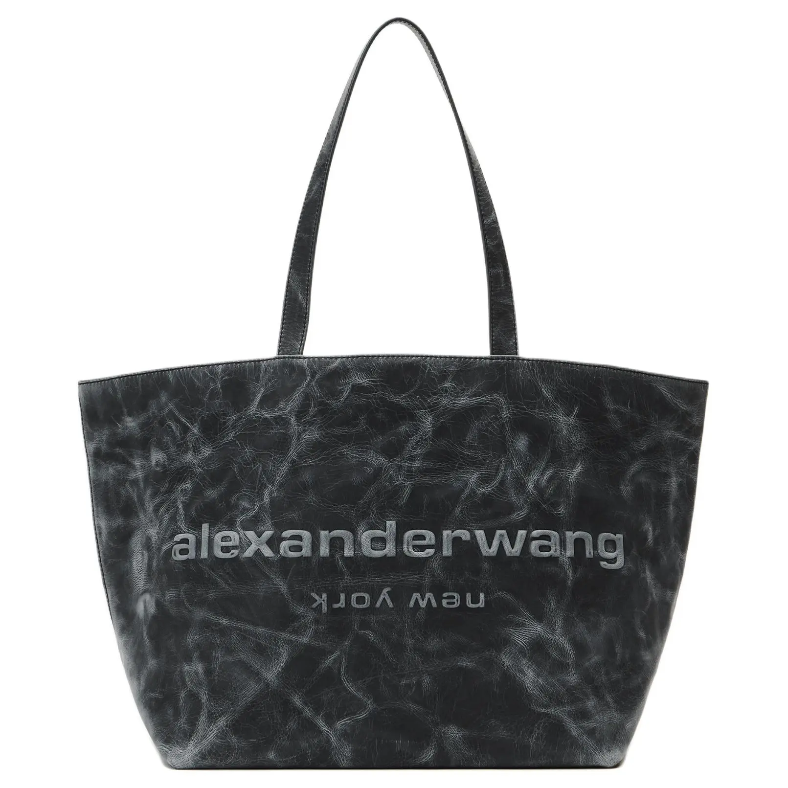 Women's Alexander Wang Distressed Gray Goatskin Tote Bag with Punch-Embossed Logo and Embroidery