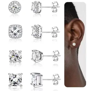 Sparkling Cubic Zirconia Stud Earrings Unisex Men Women Jewelry  Classic Round & Princess Square Cut 925 Sterling Silver Earrings Birthday Anniversary Gift