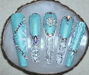 Blue Turquoise Press On Nails Winter Crystal Charm Snowflake White With Rhinestones