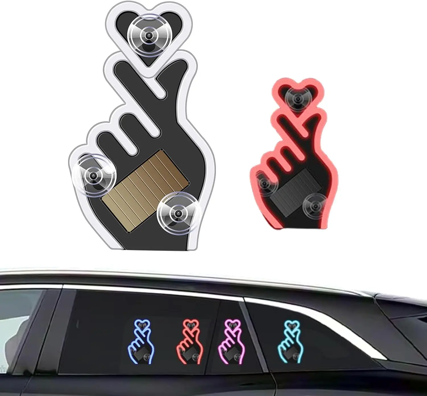 Solar-Powered Finger Heart Car Window Light, Solar Powered Wireless LED Heart Shape Neon Light with Suction Cup, Add a Touch of Romance & Fun, Solar Heart Light for Car or Home summerwins
