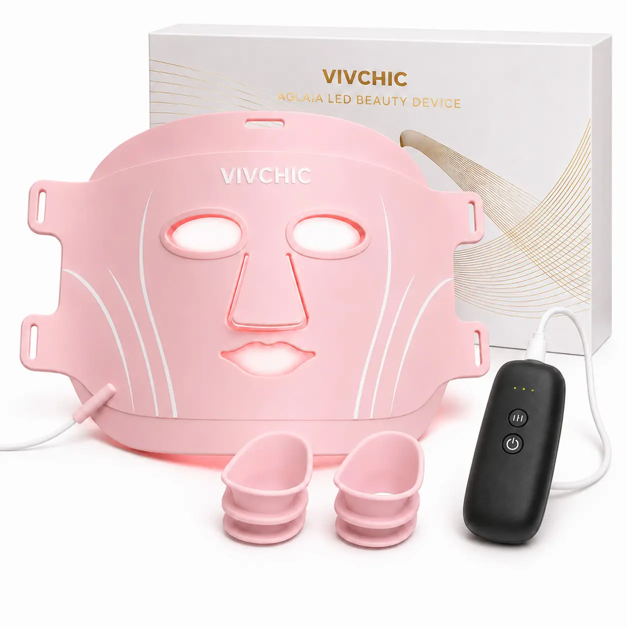 VIVCHIC Red Light Therapy Mask for Face, 4 Wavelengths, 7 Light Colors, 850nm NIR, Rechargeable, Pink