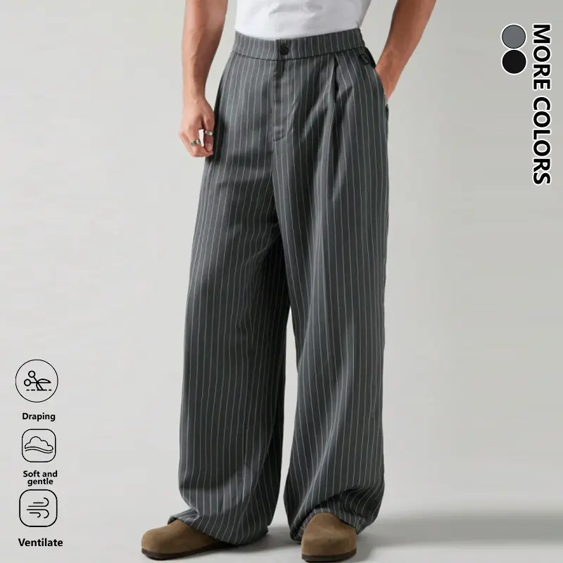 Clean Gent men’s spring/autumn retro loose straight casual pants—stylish, comfortable long trousers suitable for all seasons, featuring a button front and striped pattern design; relaxed look ideal for everyday wear and business settings.