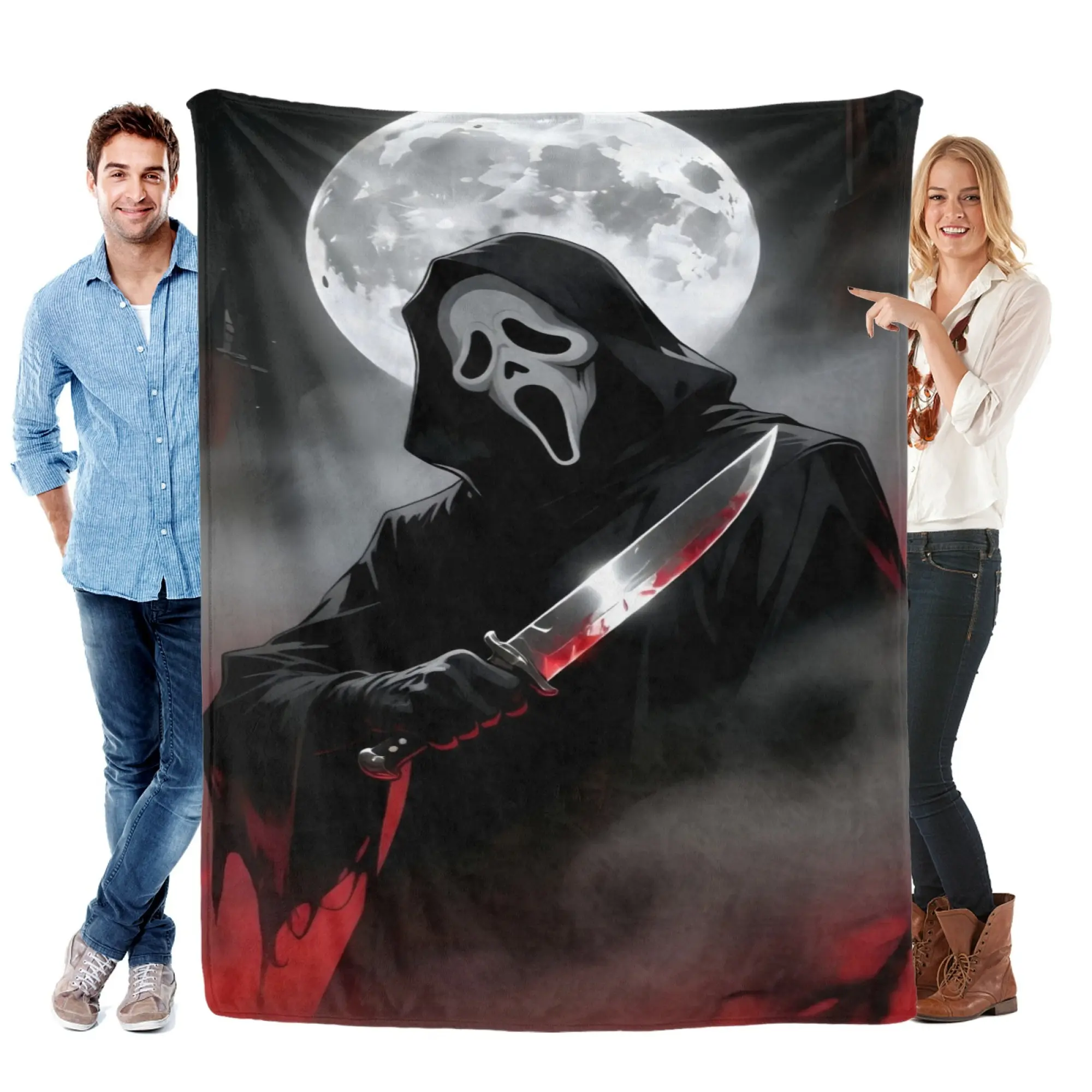 Scream Horror Soft Fleece Throw Blanket - Ghost Face Killer Mask, Knife & Moon Design, Black Red Scary Movie Theme, Cotton Fabric, Soft Texture, Bed/Sofa Decor, Halloween Gift for Horror Fans