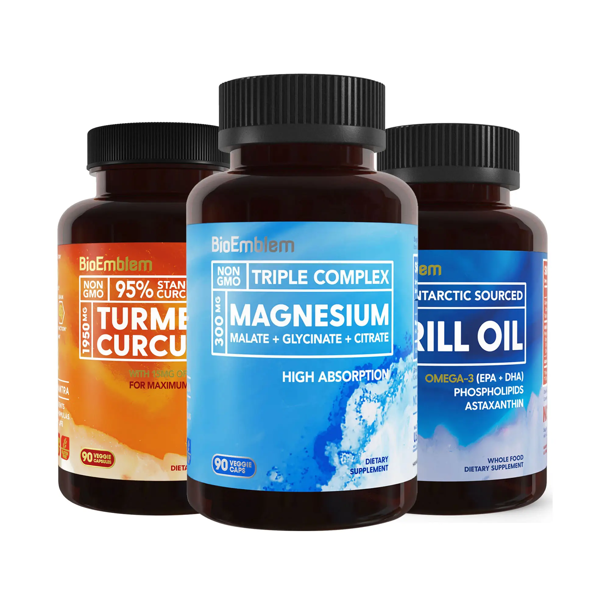 BioEmblem Triple Magnesium Complex Turmeric Curcumin Supplement with BioPerine & Antarctic Krill Oil Vegan Gluten-Free Formula - Fitness