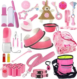 Puppy Supplies Starter Kit - 39 Pieces Set of Puppy Essentials,Includes Dog Leash,Toys, Bowl,Brushes,Water Bottles,and More