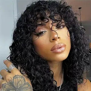 Curly African-style wig with bangs—16 inches, natural black curly hair, light bangs, made from human hair, heat-resistant, soft and natural texture, suitable for everyday wear 242