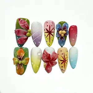 Trendy Statement Handmade Press-Ons 3D Rhinestones Tortoise Shell Neon Glitter Party Date Night Must-Have Double Layer Chip Resistant Waterproof Nail Tips