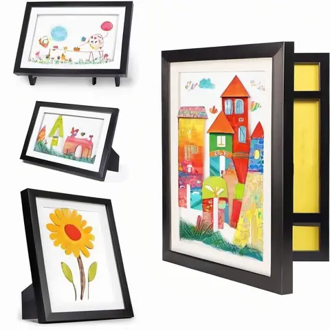 Kids Wood Picture Frame - 8r Size (10x13.5 in), Book-Style Front Swaps Art in Seconds, Front-Opening, Durable Sturdy Frame, Secure Wall-Mount, Modern Gallery Display, Home Room Decor Gift