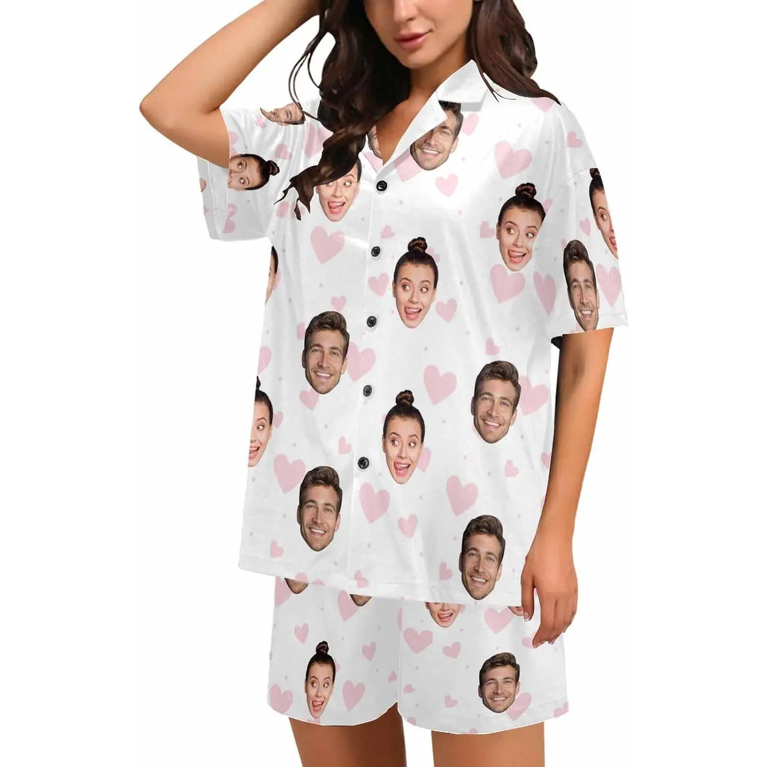 Custom Face Pajamas Set for Women Personalized Pjs Photo Summer 2Pcs Short Sleeve Sleepwear Loungewear Pajama