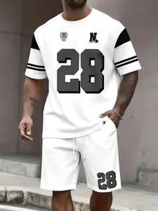 Men's Colorblock Basketball Style Casual Set, Vintage Sporty Short Sleeve and Shorts Two-Piece, Daily/outdoor Wear