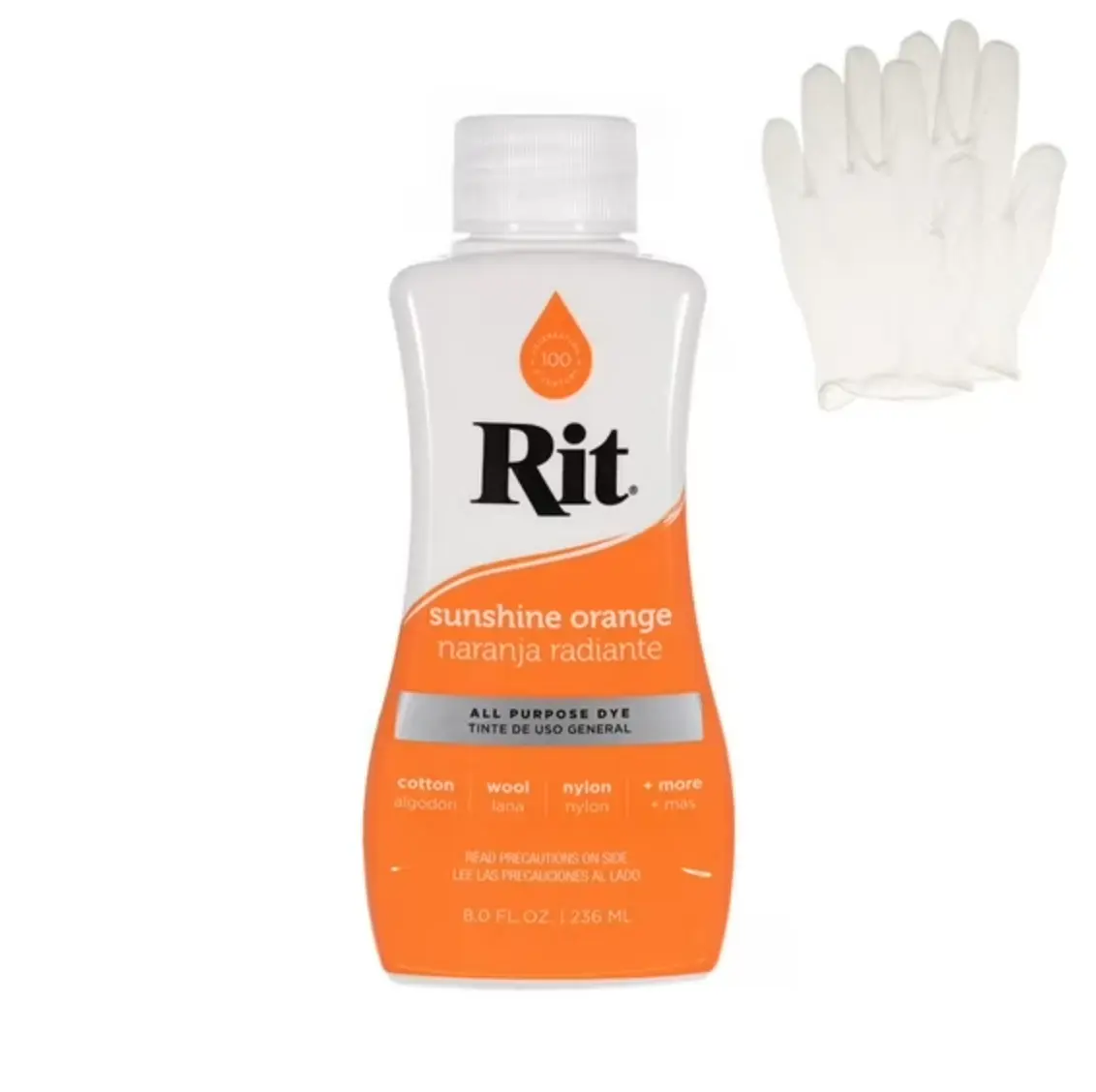 Rit Sunshine Orange 8 oz Liquid Fabric Dye for Clothing Décor & Crafts with Pair of Medium Latex-Free Vinyl Gloves