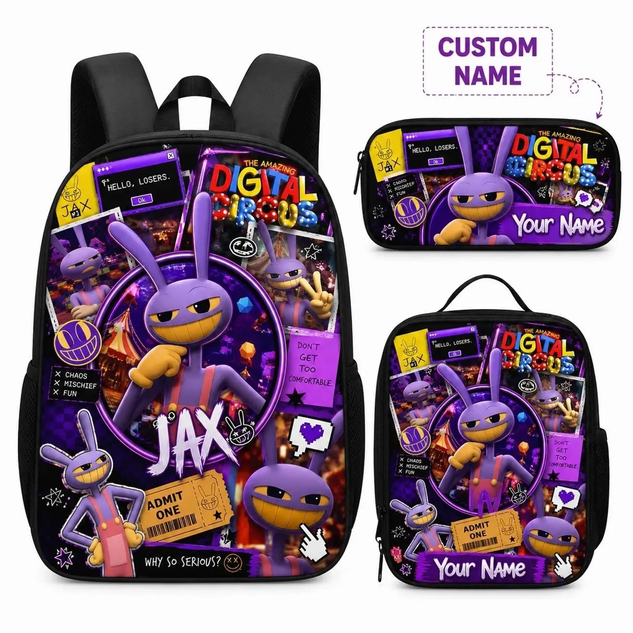 Custom Name Purple Digital Virtual Circus Student Backpack Set | 3Pcs Schoolbag Insulated Lunch Bag Pencil Pouch | Personalized Gift for Kids