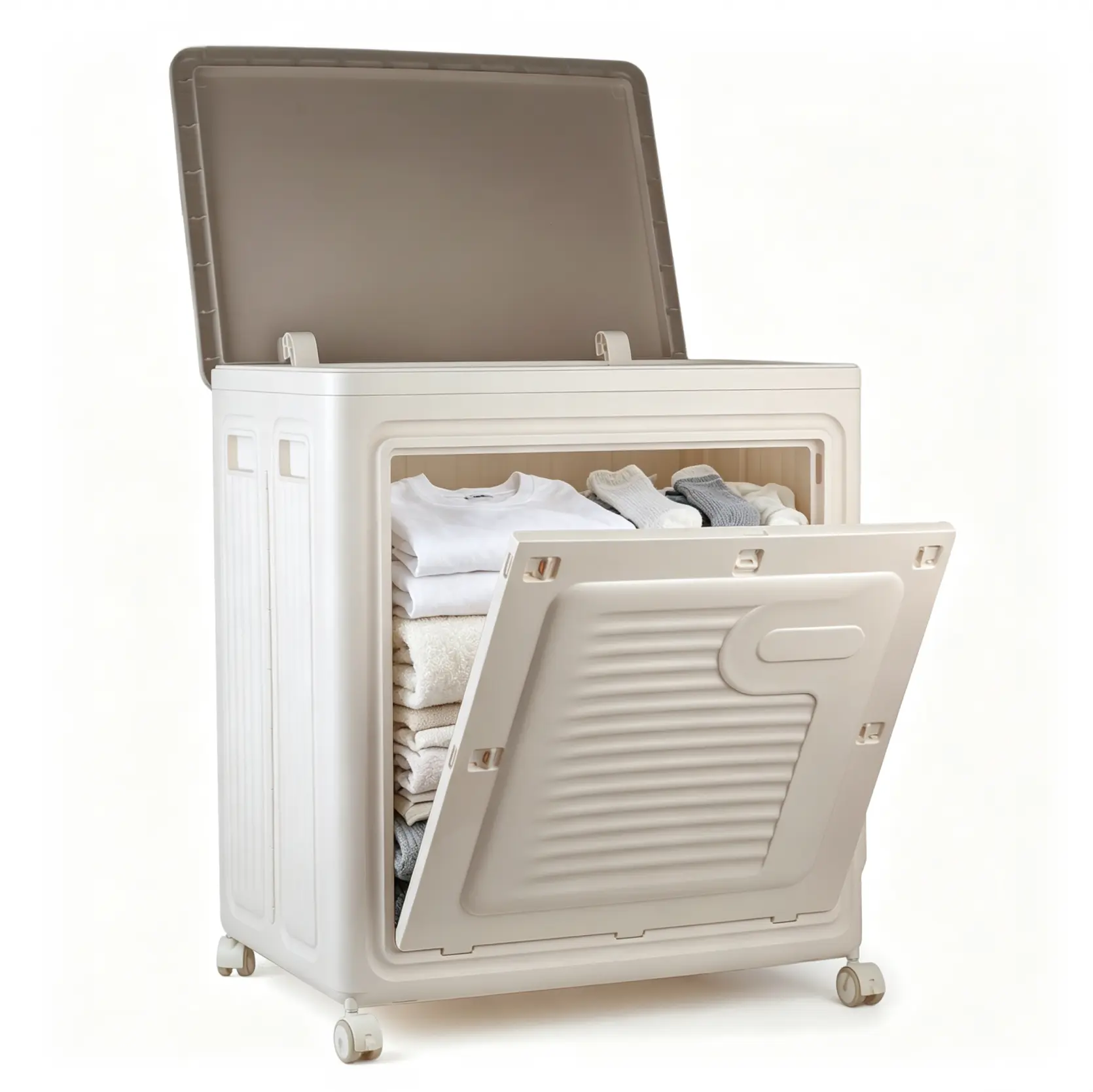 Collapsible Storage Bins with Wheels & Front Opening Lid, 67×58×25cm Large Foldable Plastic Storage Organizer Cabinet, Stackable Closet Organizers for Bedroom, Bathroom, Laundry Room, Clothes Toys Blanket Storage