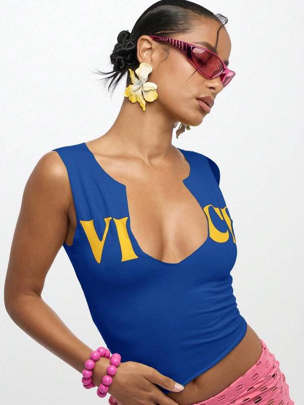 WOMEN Notch Neck Form Fitting Tank Top With Gold Lettering Crop Length Summer Festival Club Party Evening Casual Fashion Design Front Cut Out Sleeveless