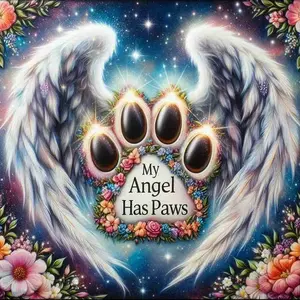 "My Angel Has Paws" Glowing Paw Print With Angel Wings & Floral Wreath, Cosmic Starry Sky Pet Memorial Art 5D Full Drill Round & Square Diamond Painting Kit, DIY Rhinestone Cross Stitch, Sympathy Pet Loss Wall Decor, Pet Lover Remembrance Handmade Gift