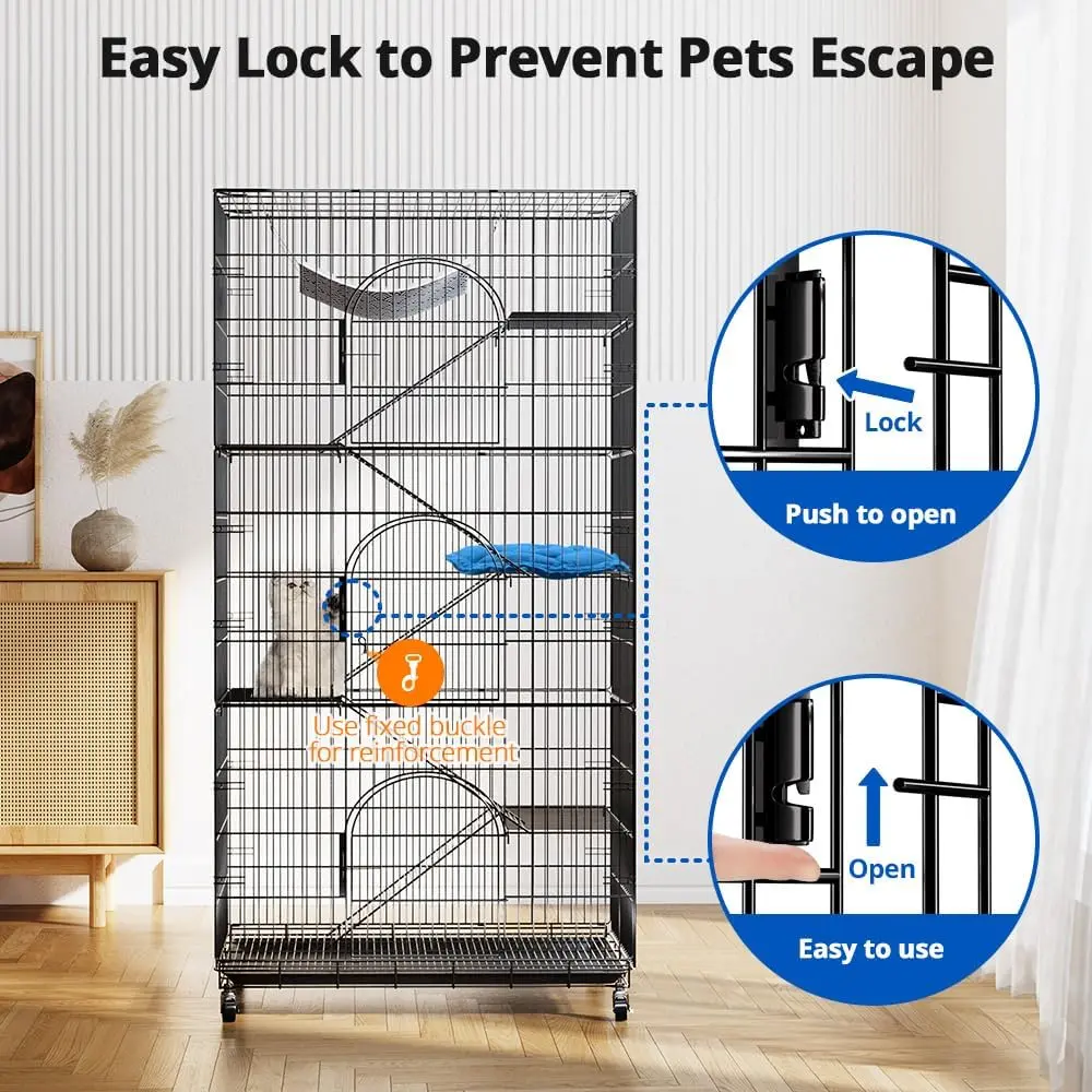 PawGiant 6-Tier Large Metal Wire Escape-Proof Kennel Cat Cage Playpen - 72-in Indoor/Outdoor Enclosure with 3 Doors, Hammock, Mat, Portable for Cats, Small Animals