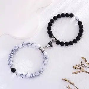 Natural Stone Beaded Heart Magnet Attraction Couple Bracelets for Women Men Simple Love Relationship Jewelry 2Pcs Set