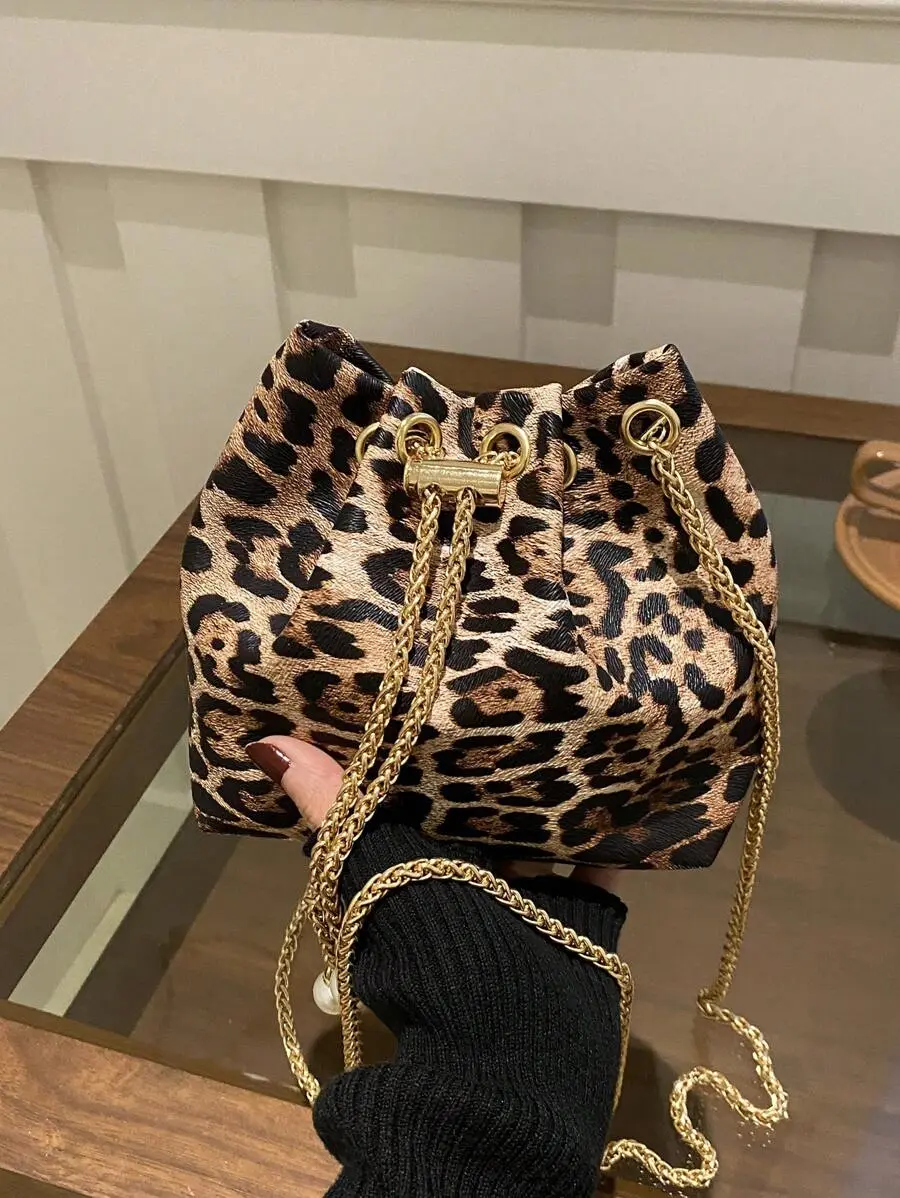 1pc Leopard Print Khaki Shoulder Bag With Metal Chain, Exquisite High-End Niche Design, Versatile,