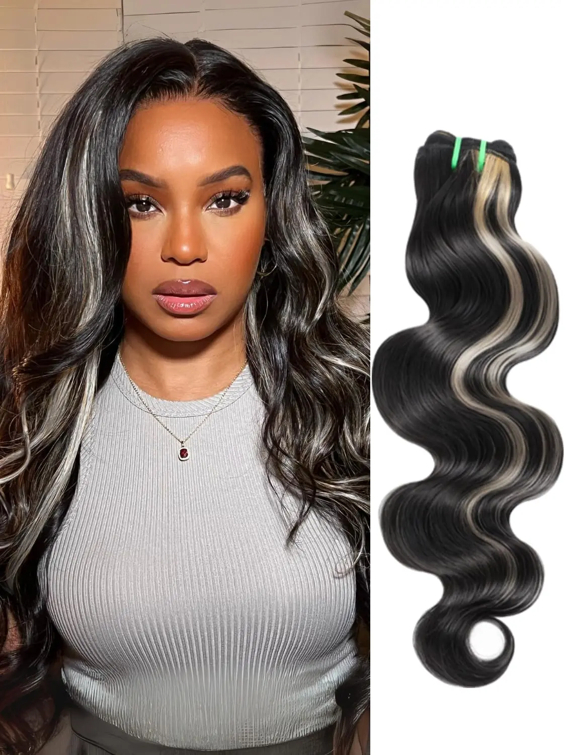 ALHER Platinum Blonde Highlight Black Mix Color Single Bundles Body Wave Human Hair, 100% Remy Hair Thick Track Bundles #F1B/613 Ombre Skunk Stripe Balayage Colored Bundles (Color More Silver)