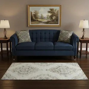 HomeRoots 644176 5 x 8 ft. Linen, Ivory & Blue Tribal Washable Machine Made Rectangle Area Rug with UV Protection