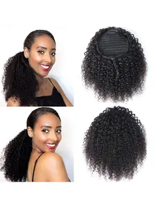 Human Hair Clips In Drawstring Ponytail Long Kinky Curly Drawstring Ponytail For Women 8-26 Inch Black Kinky Curly Ponytail Hair Human Hair Extensions
