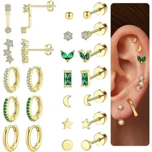 Dainty Gold Flat Back Earrings Hypoallergenic Cartilage Earring Sets for Multiple Piercing 20G Surgical Stainless Steel Earrings Trendy Earring Stacks Small Hoop Flatback Stud Earrings Cute Jewelry Multipack Cartilage Earring Sets for Women