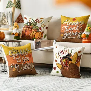 Thanksgiving Pumpkin Turkey Cushion Covers Set of 4, Single-Sided Print Zipper Closure, Sofa Seat Covers, Fall Home Decor, 45x45cm