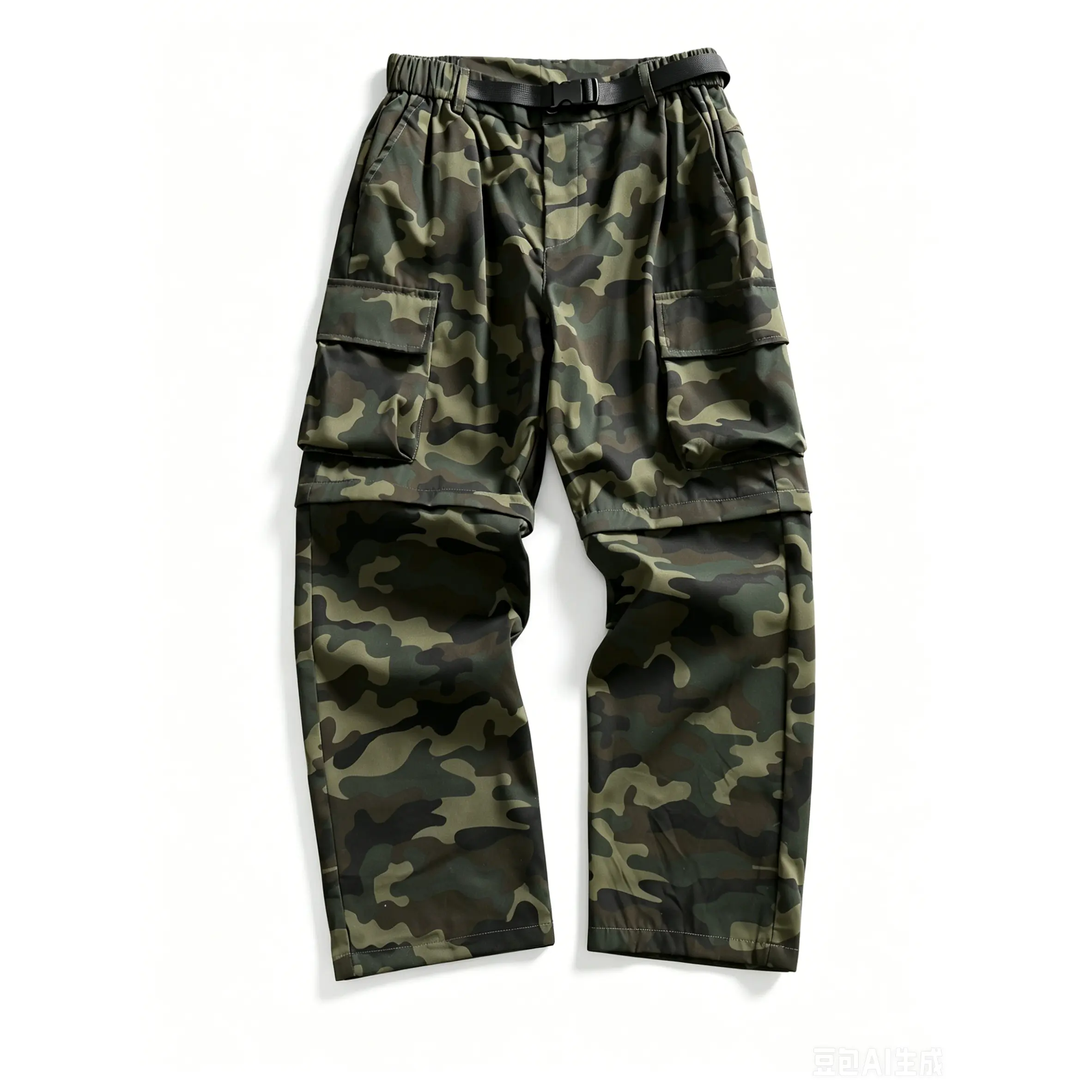 Men's Camouflage Print Oversized 2-in-1 Zip-Off Convertible Cargo Trouser - Quick-Dry Thick Fabric, Detachable Legs, Basic Belt, Pockets, Zippers, for Hiking, Casual, Workwear, Pair with Hoodie, Sneakers, Tee, Classic, Street, Baggy, Tear-Proof, Quick-Dry