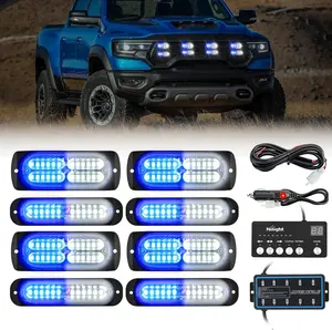 Nilight 8PCS LED Strobe Lights Kit – Synchronized Blue & White Flashing Hazard Warning Lights | 12V/24V Surface Mount Beacon Set w/Controller for Cars, Trucks, RVs & ATVs