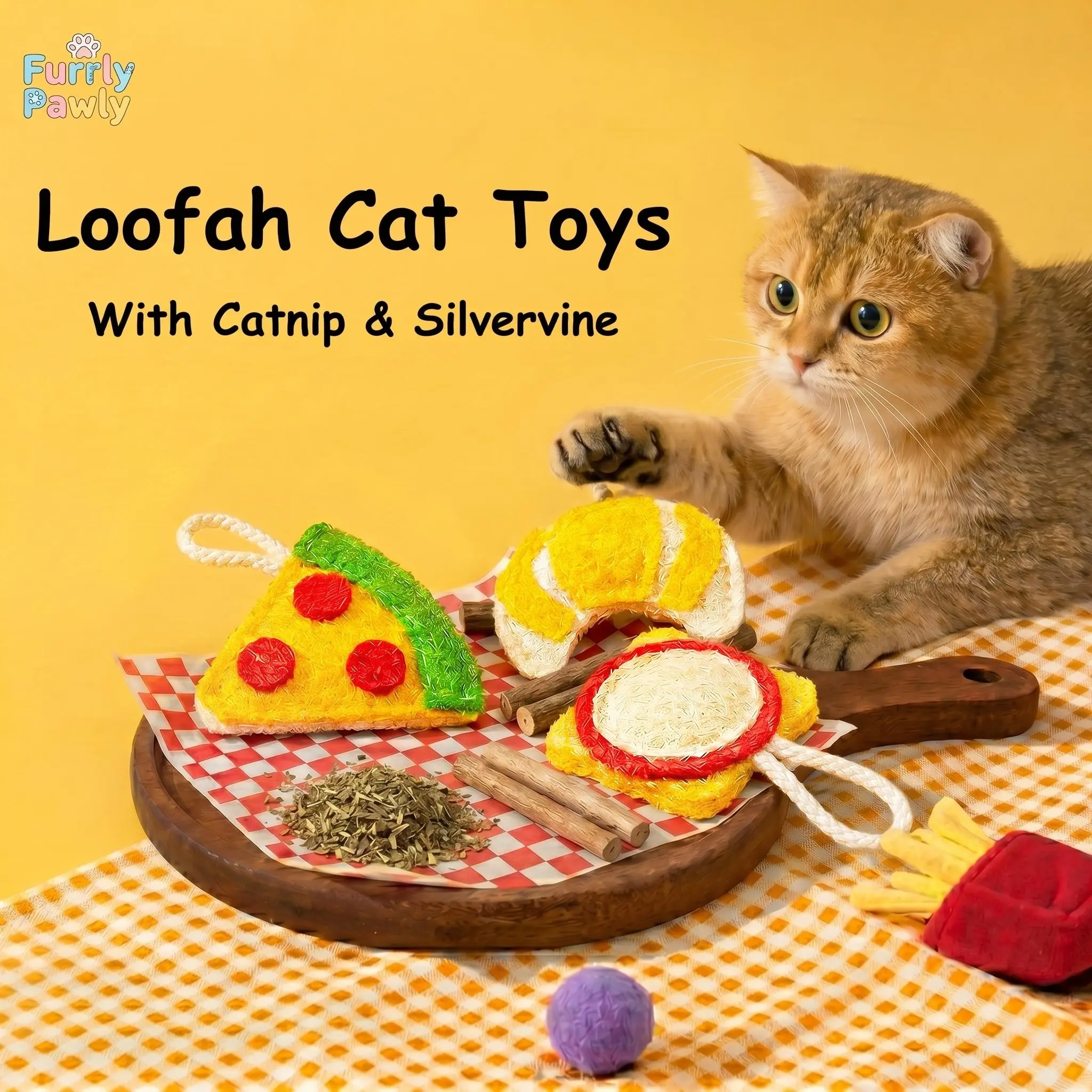 3 Pack Simulation Food Loofah Chew Toys, Burger Pizza Croissant Natural Plant Fiber Pet Toy for Cats & Dogs with Catnip & Silvervine, Antibacterial Molar Teeth Cleaning Interactive Toy, Non-Toxic Biodegradable