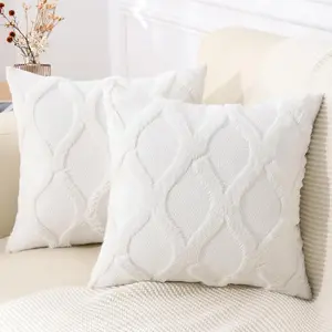 Soft Plush Faux Fur Wool Cream White Throw Pillow Covers 18x18 Inch Set of 2 Geometric Pattern for Bed Sofa Living Room Home Decor Plain Style