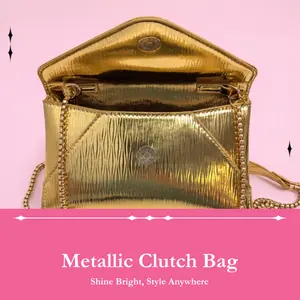 [Memorial Day Picks] Luxe Metallic Envelope Clutch Bag for Women, Elegant Chain Strap Shoulder Crossbody Purse, Shiny Textured Evening Handbag for Party Wedding Dinner Prom, Fashion Statement Mini Bag with Magnetic Closure