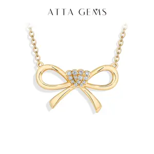 ATTAGEMS Romantic Bowknot Design Necklace D Color VVS1 Lab-Created Moissanite Necklace for Women 925 Sterling Silver Necklace Daily Wear Anniversary Valentine's Day Gifts Fine Jewelry N062