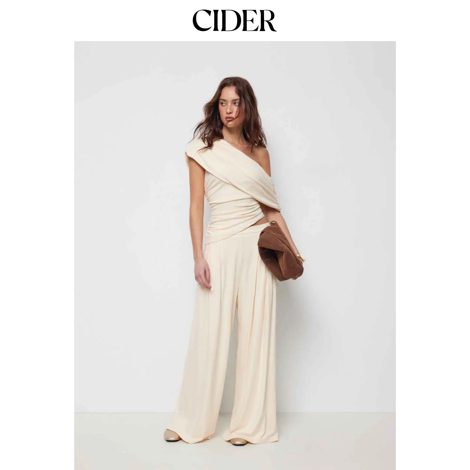Cider Asymmetrical Neck Ruched Top & Mid Rise Wide Leg Trousers Set