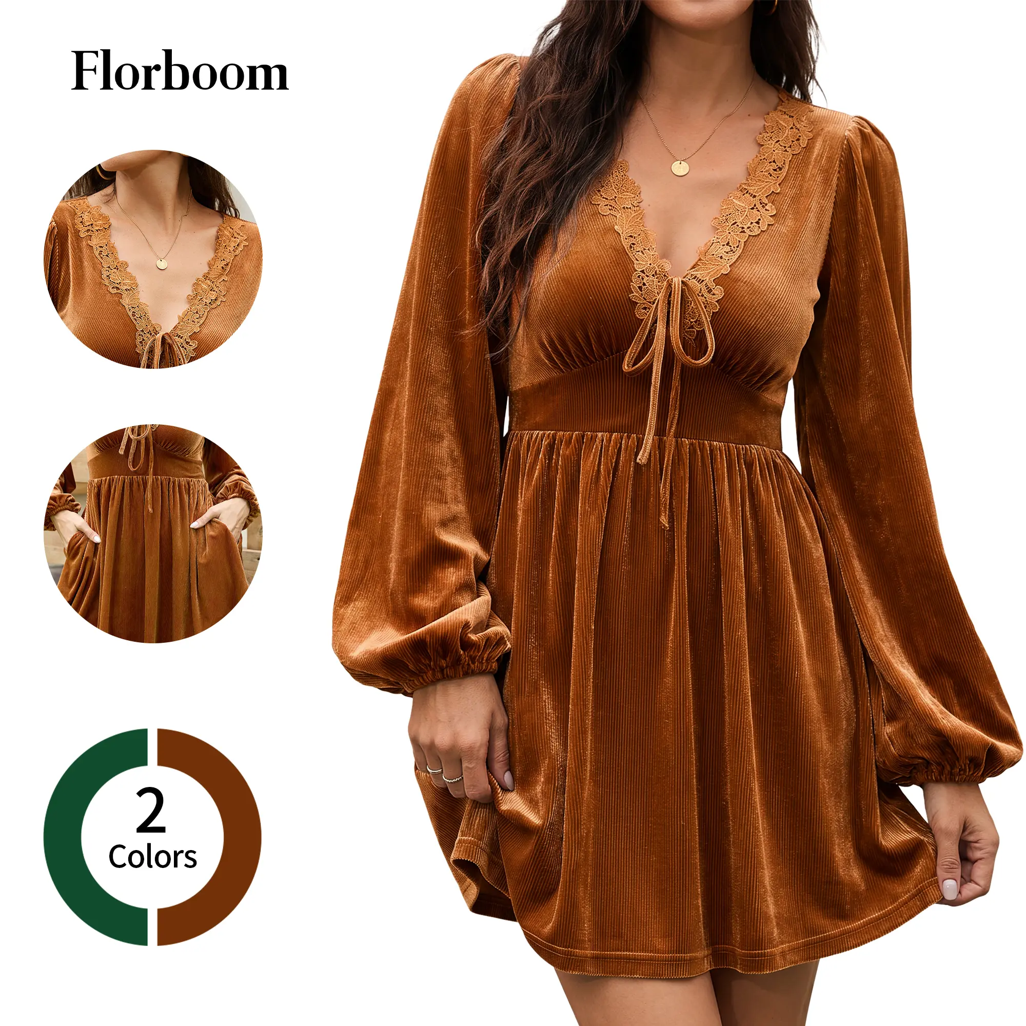 Florboom Women's Velvet Dress with Pockest, Lace V Neck Long Sleeve Empire Waist Swing Dresses, Tie Front Boho Sun Dress for Fall Autumn, Date Night, Casual Party, Brunch Outfit, Trendy Outfits Solid Color Dress Womenswear