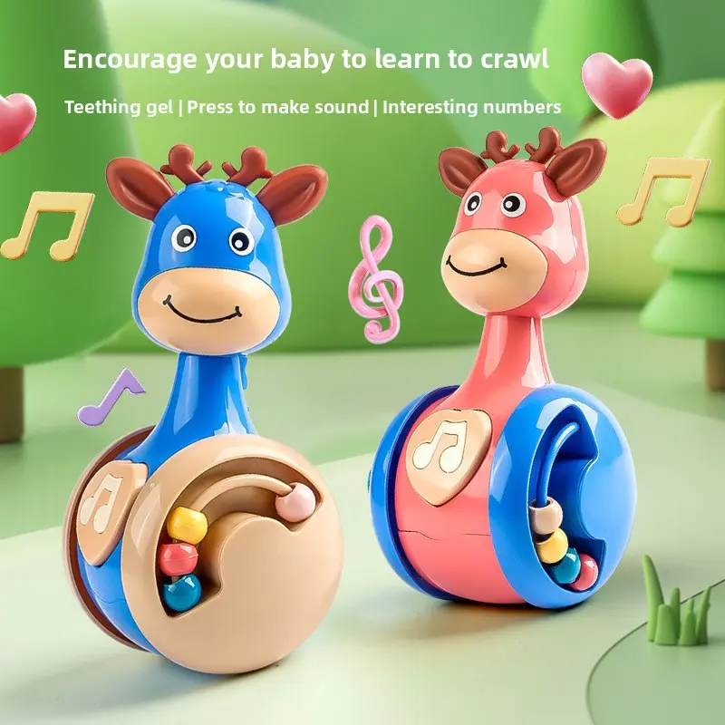 Unisex Plastic Dual-Sided Animal Shape Crawling Toy - Deer-Dinosaur Design, Gel Teethers, Fun Sounds, Numbers, Motor Skills Development Educational Tool for Parents, Kids' Entertainment, Teething Gel