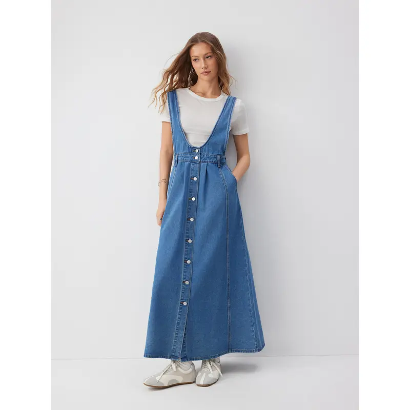 white christmas dresses Dark Blue Denim Danni Pinafore Mini Dress main image 0