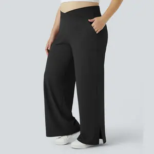 Halara Crossover Pocket Split Hem Plus Size Wide Leg Yoga Pants-Smile