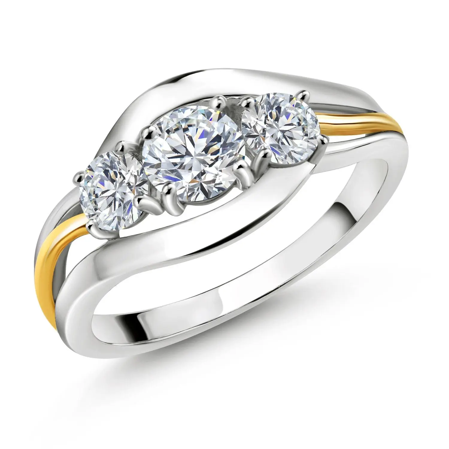 3-Stone Lab Grown Diamond and Gemstone Birthstone Ring for Women | 2-Tone 925 Silver 10K Yellow Gold | Round 5MM 4MM | Anniversary Engagement Ring