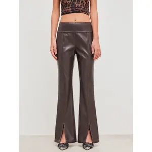 Cider [size 2-10] Faux Leather Low Rise Solid Split Flared Trousers