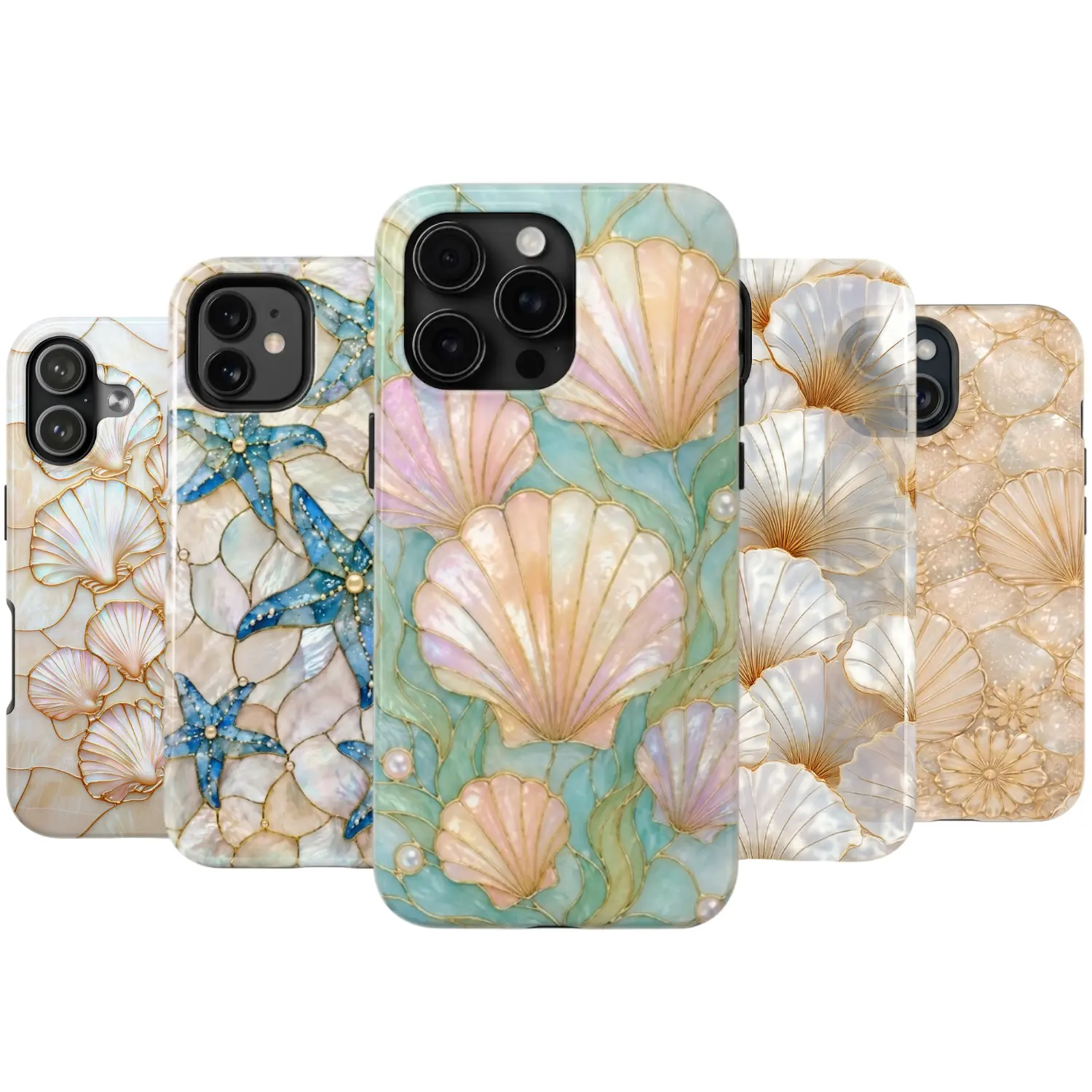Faux Seashell Stained Glass Phone Case (PRINT), Starfish Mosaic Coastal For iPhone 17 16 15 14 13 12 11 X 8, Artistic Ocean Shell Case, Celestial Design Art Style Cover, Trendy, Scrapbook, Gift