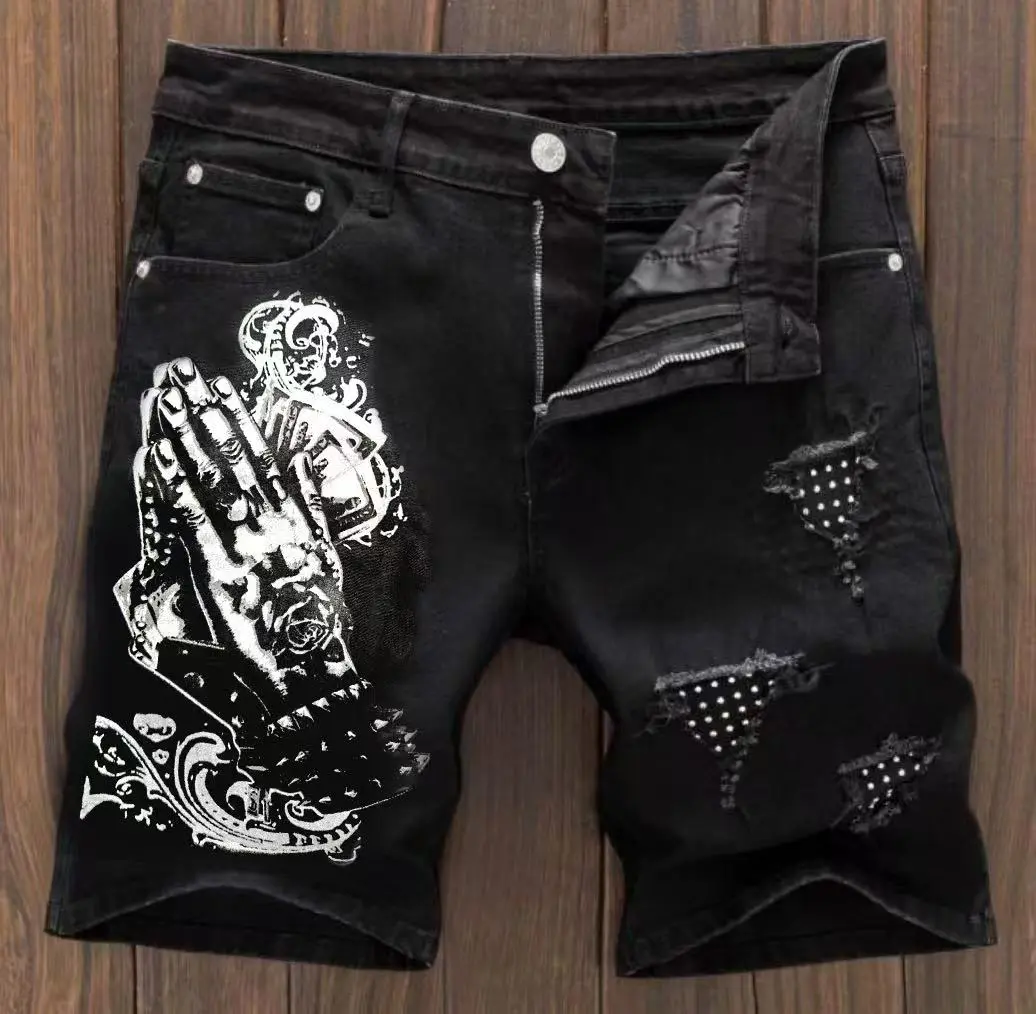 Rhinestone Distressed Denim Shorts, Y2K Praying Hands Graphic Black Jean Shorts, Gothic Streetwear Ripped Slim Fit Denim Shorts, Vintage Hip Hop Studded Stretch Shorts for Men