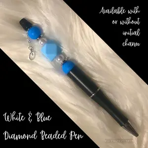 White & Blue Diamond w/ Initial Charm - Beaded Pen