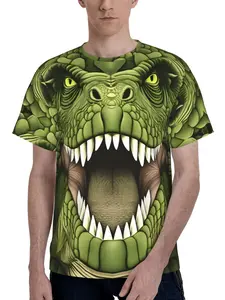 Men's 3D Printed Realistic Dinosaur T-Shirt with Aggressive Green Prehistoric Monster Design, Sharp Teeth & Textured Scales, Breathable Polyester Short Sleeve Round Neck Casual Streetwear Suitable for Daily Wear, Sizes S-3XL
