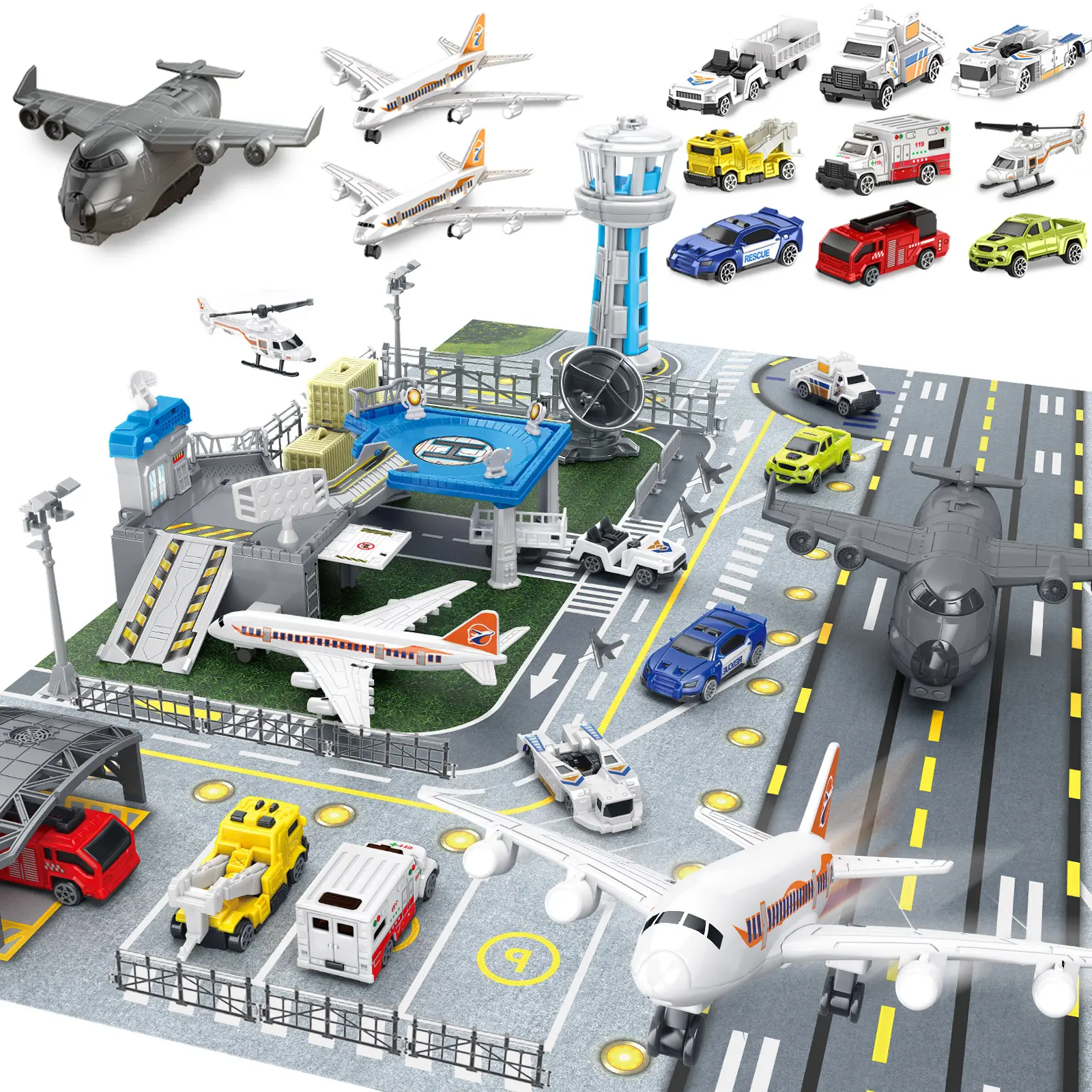 Frontoytall Aircraft Construction Set - Boys' 3+ Transportation Toy with Die-Cast Trucks, Helicopter, Control Tower, Parking Apron, Airport Play Map & Interactive Elements, Birthday Gift
